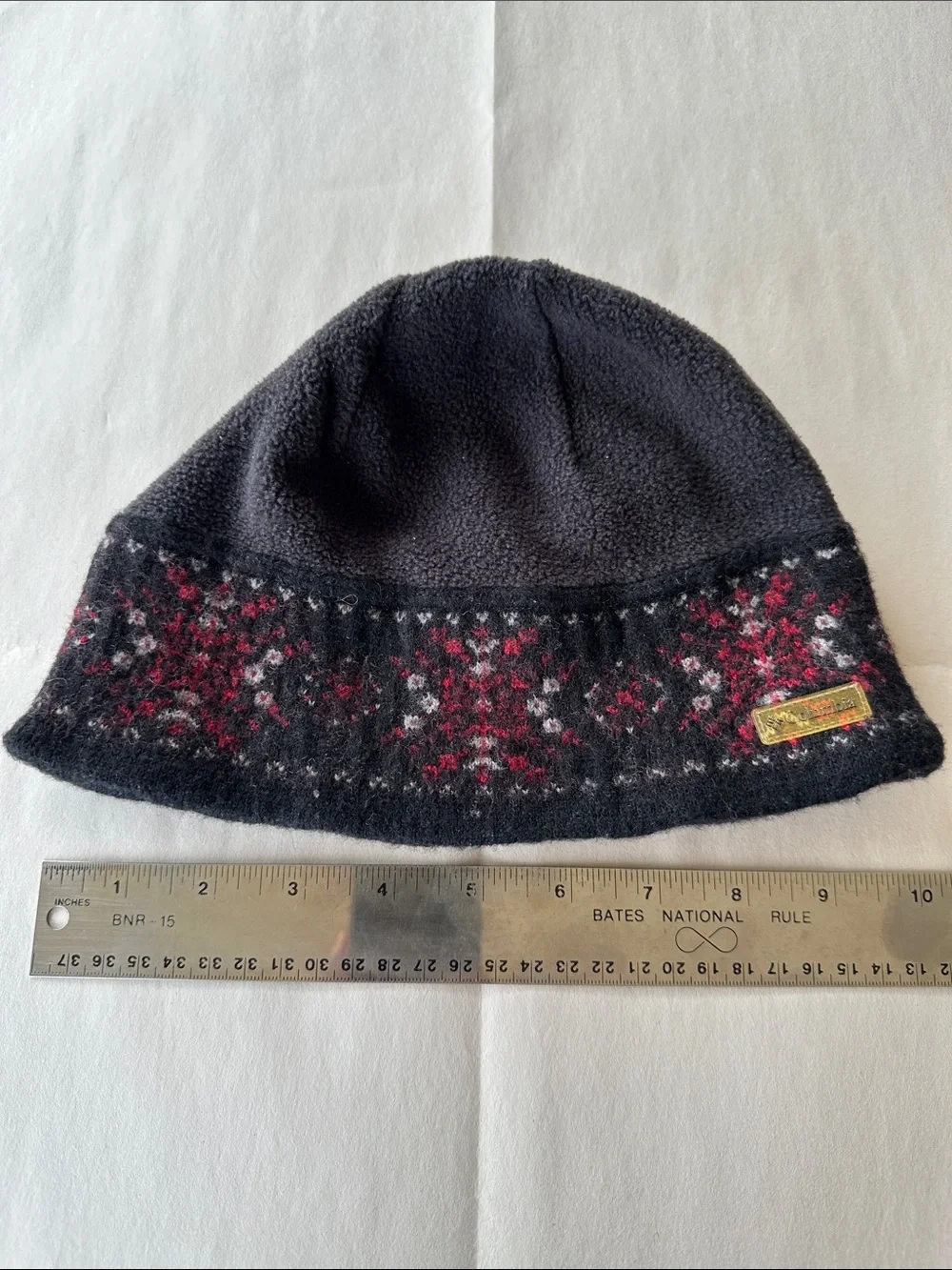 Columbia Black Fleece Kids Beanie with Red and Gray Pattern